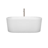 Ursula 59 Inch Freestanding Bathtub in White with Floor Mounted Faucet, Drain and Overflow Trim in Brushed Nickel