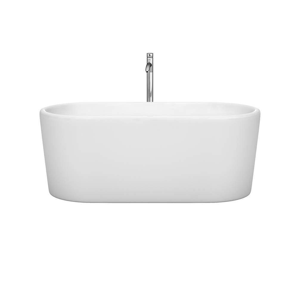 Ursula 59 Inch Freestanding Bathtub in White with Floor Mounted Faucet, Drain and Overflow Trim in Brushed Nickel