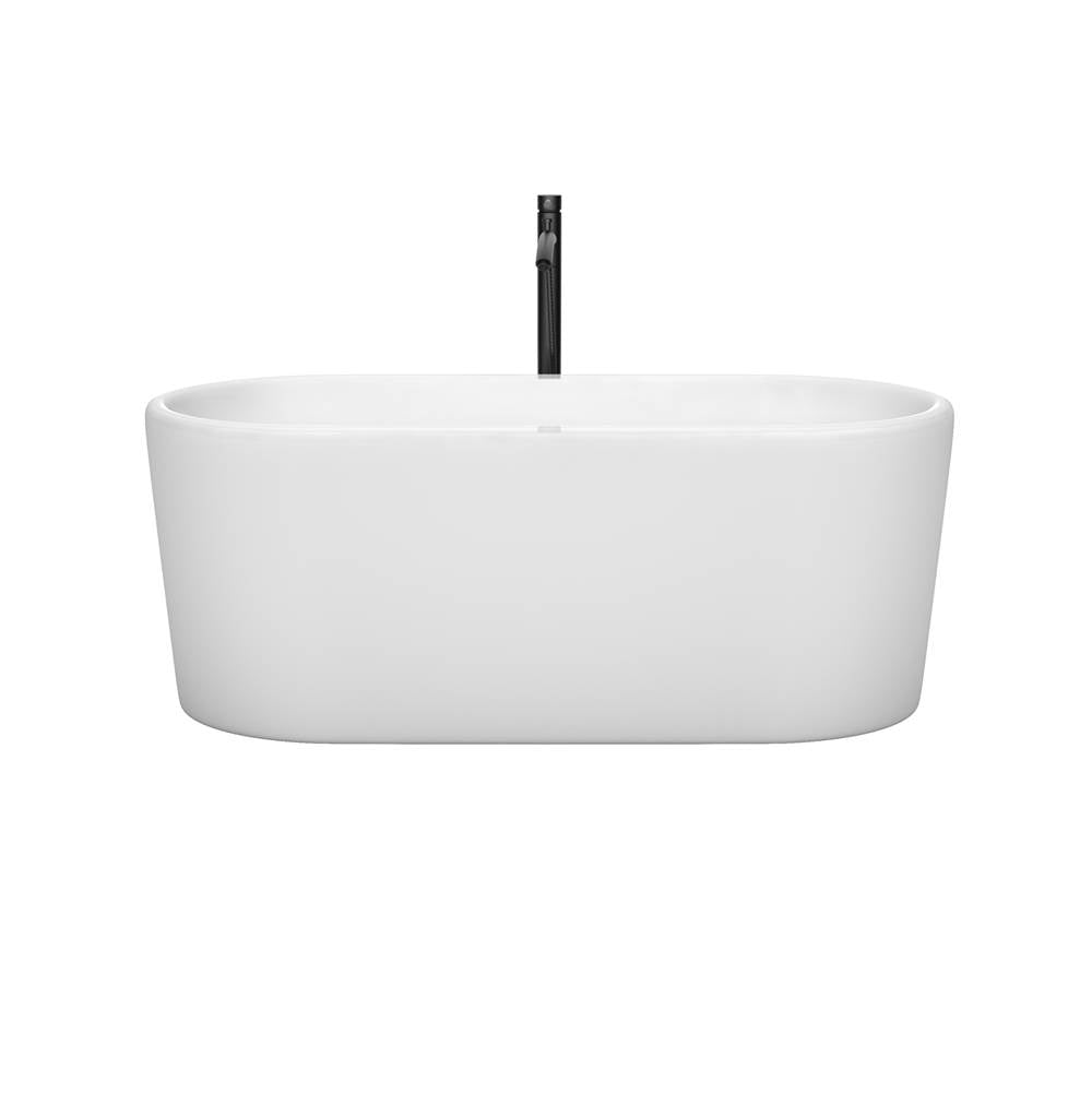 Ursula 59 Inch Freestanding Bathtub in White with Floor Mounted Faucet, Drain and Overflow Trim in Matte Black