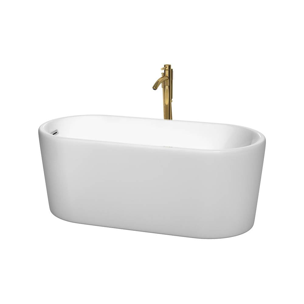 Wyndham Collection - Ursula 59 Inch Freestanding Bathtub in White with Polished Chrome Trim and Floor Mounted Faucet in Brushed Gold