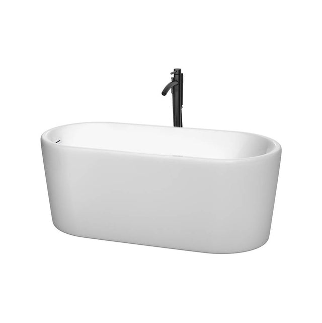 Wyndham Collection - Ursula 59 Inch Freestanding Bathtub in White with Shiny White Trim and Floor Mounted Faucet in Matte Black