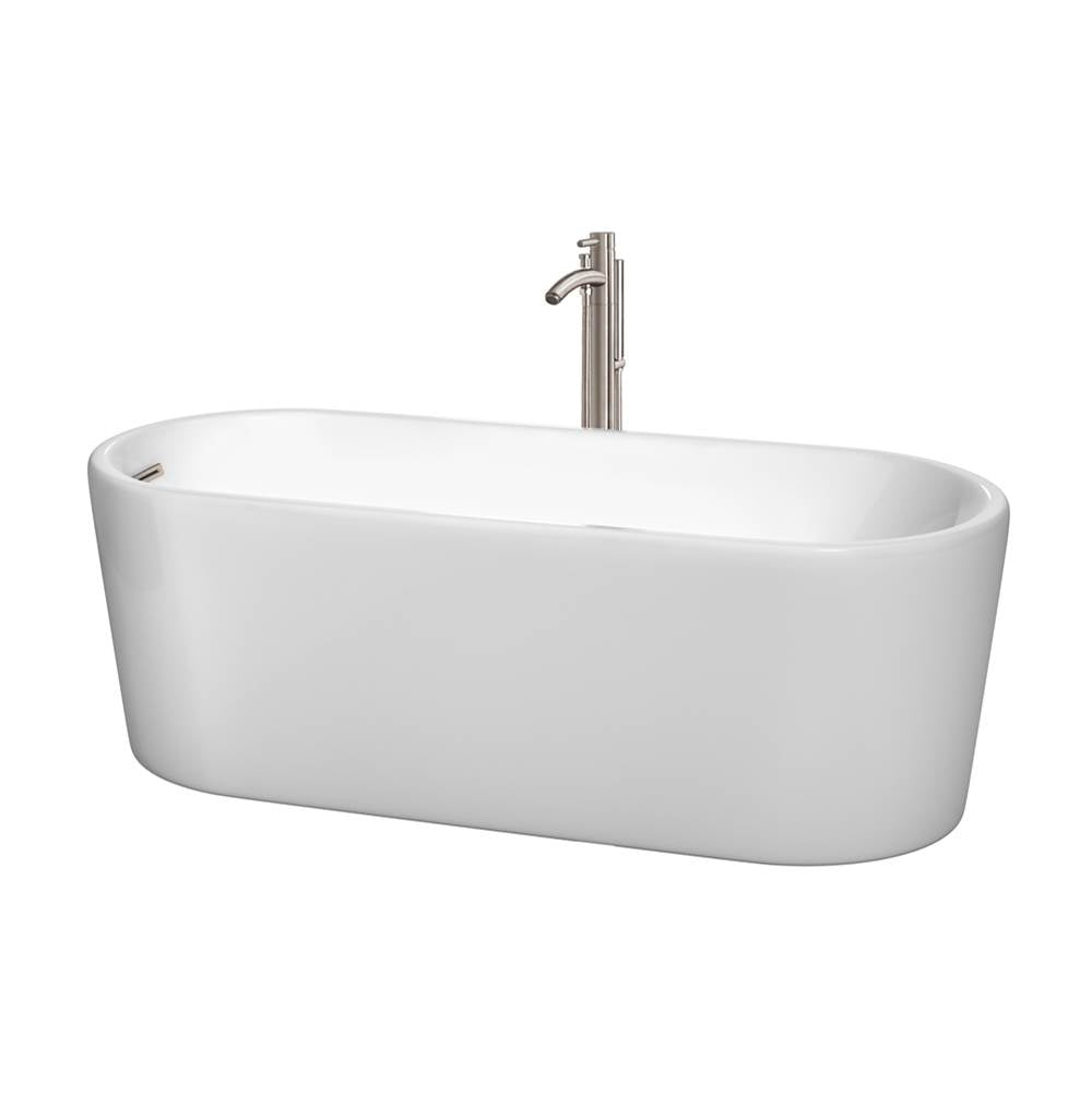 Wyndham Collection - Ursula 67 Inch Freestanding Bathtub in White with Floor Mounted Faucet, Drain and Overflow Trim in Brushed Nickel - White With Brushed Nickel