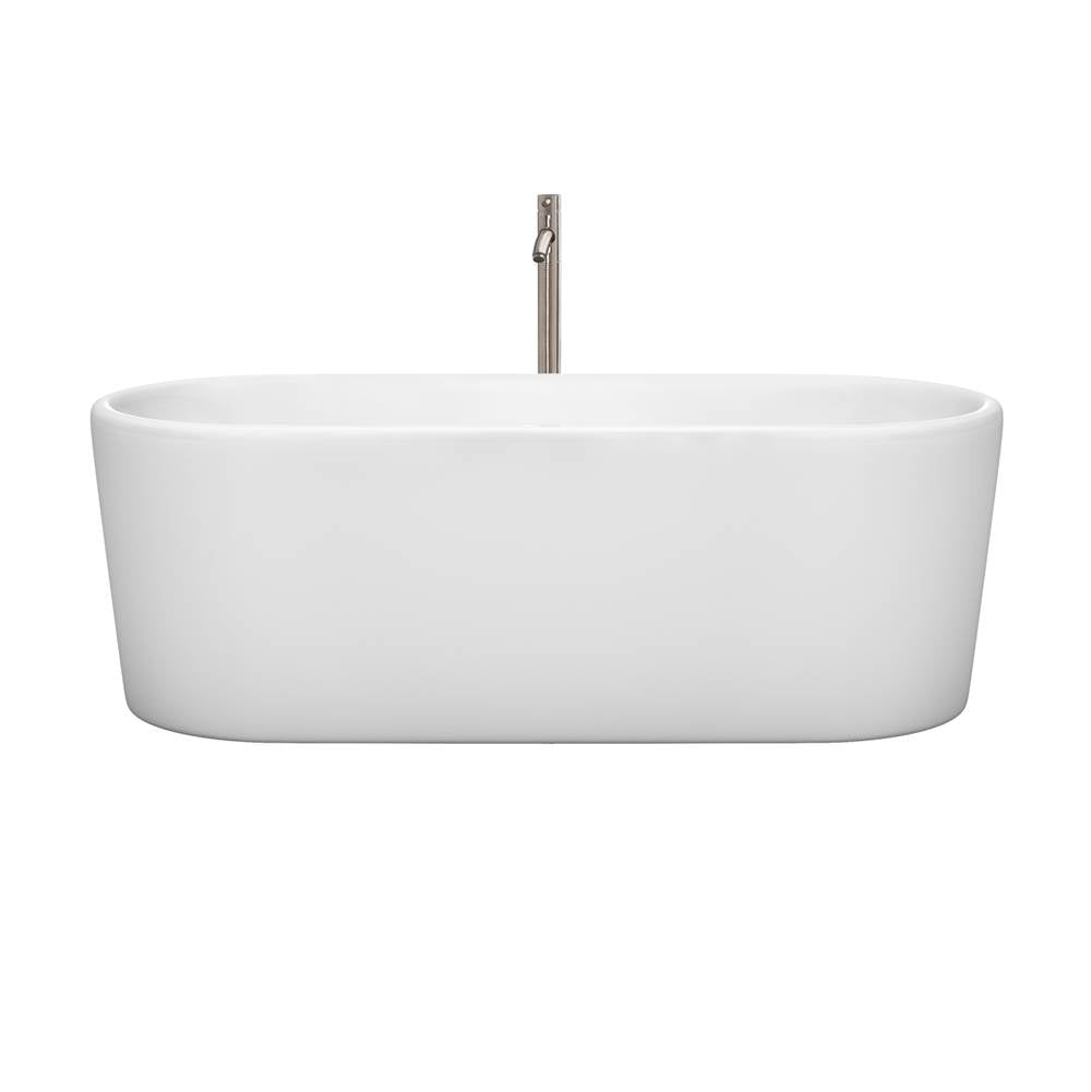 Ursula 67 Inch Freestanding Bathtub in White with Floor Mounted Faucet, Drain and Overflow Trim in Brushed Nickel