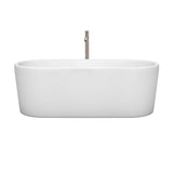 Ursula 67 Inch Freestanding Bathtub in White with Floor Mounted Faucet, Drain and Overflow Trim in Brushed Nickel