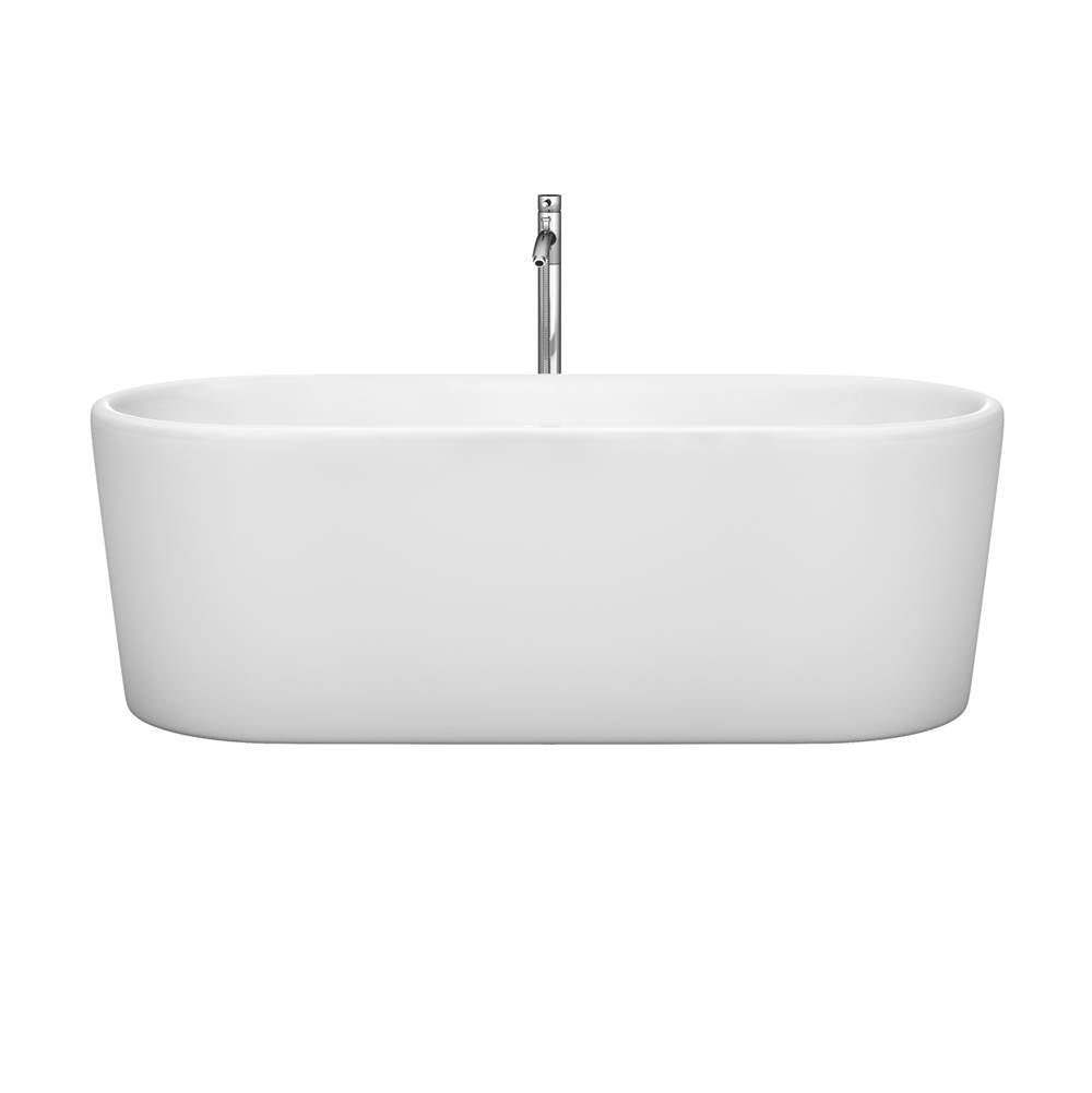 Ursula 67 Inch Freestanding Bathtub in White with Floor Mounted Faucet, Drain and Overflow Trim in Brushed Nickel