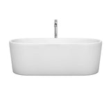Ursula 67 Inch Freestanding Bathtub in White with Floor Mounted Faucet, Drain and Overflow Trim in Brushed Nickel