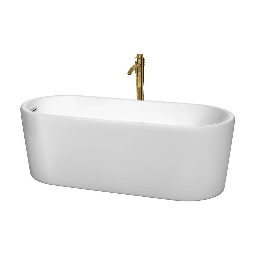 Wyndham Collection - Ursula 67 Inch Freestanding Bathtub in White with Polished Chrome Trim and Floor Mounted Faucet in Brushed Gold