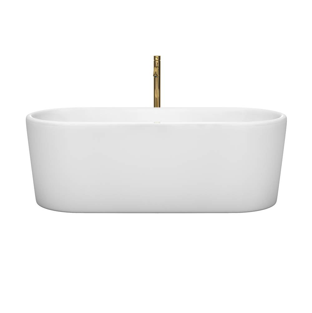 Ursula 67 Inch Freestanding Bathtub in White with Shiny White Trim and Floor Mounted Faucet in Brushed Gold