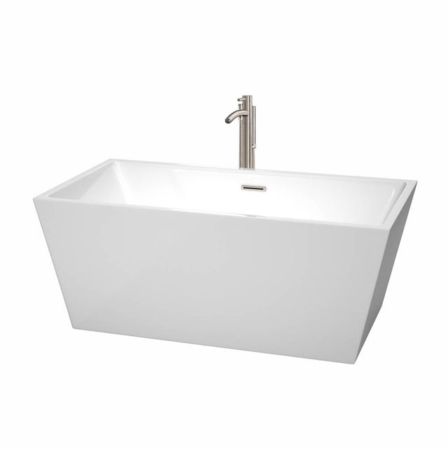 Wyndham Collection - Sara 59 Inch Freestanding Bathtub in White with Floor Mounted Faucet, Drain and Overflow Trim in Brushed Nickel - White With Brushed Nickel