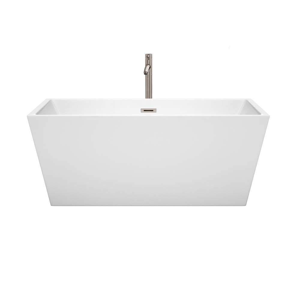 Sara 59 Inch Freestanding Bathtub in White with Floor Mounted Faucet, Drain and Overflow Trim in Brushed Nickel