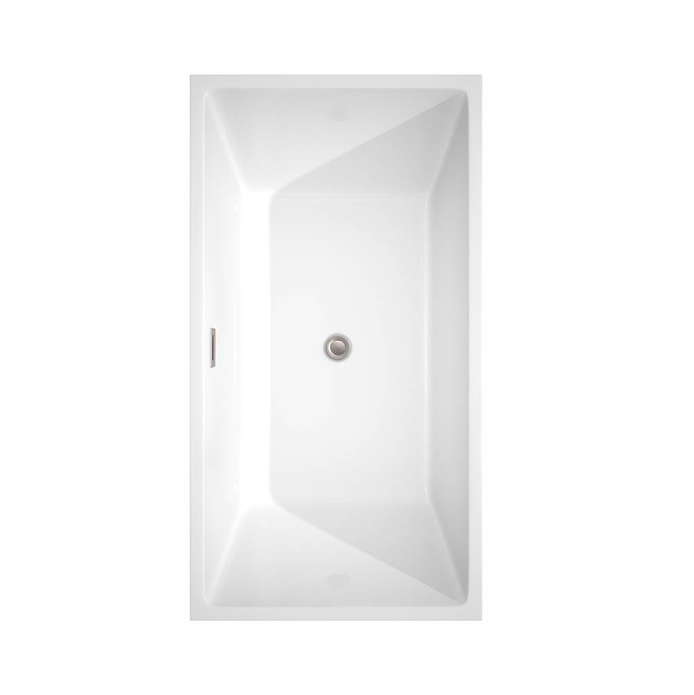 Sara 59 Inch Freestanding Bathtub in White with Floor Mounted Faucet, Drain and Overflow Trim in Brushed Nickel