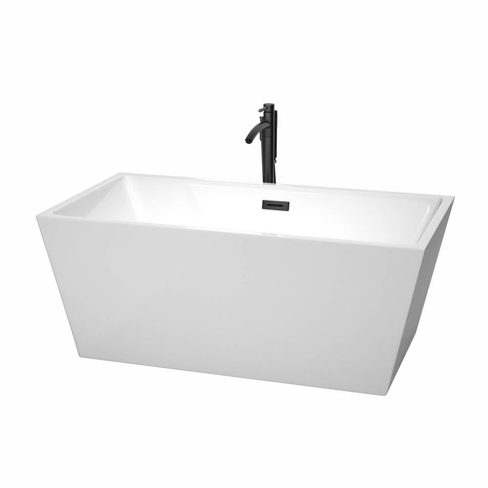 Wyndham Collection - Sara 59 Inch Freestanding Bathtub in White with Floor Mounted Faucet, Drain and Overflow Trim in Matte Black