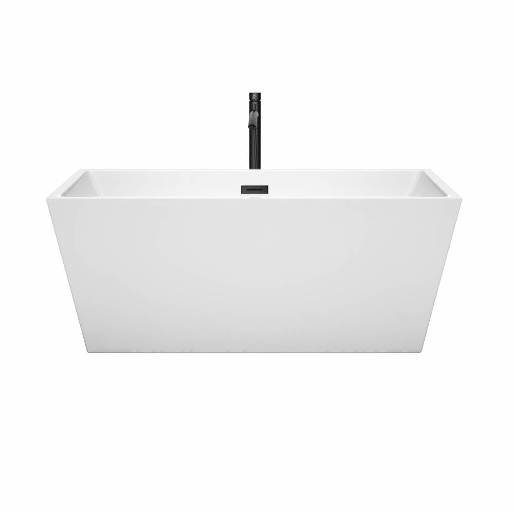 Sara 59 Inch Freestanding Bathtub in White with Floor Mounted Faucet, Drain and Overflow Trim in Matte Black