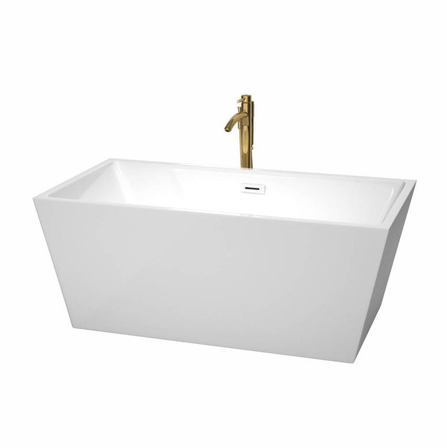 Wyndham Collection - Sara 59 Inch Freestanding Bathtub in White with Shiny White Trim and Floor Mounted Faucet in Brushed Gold