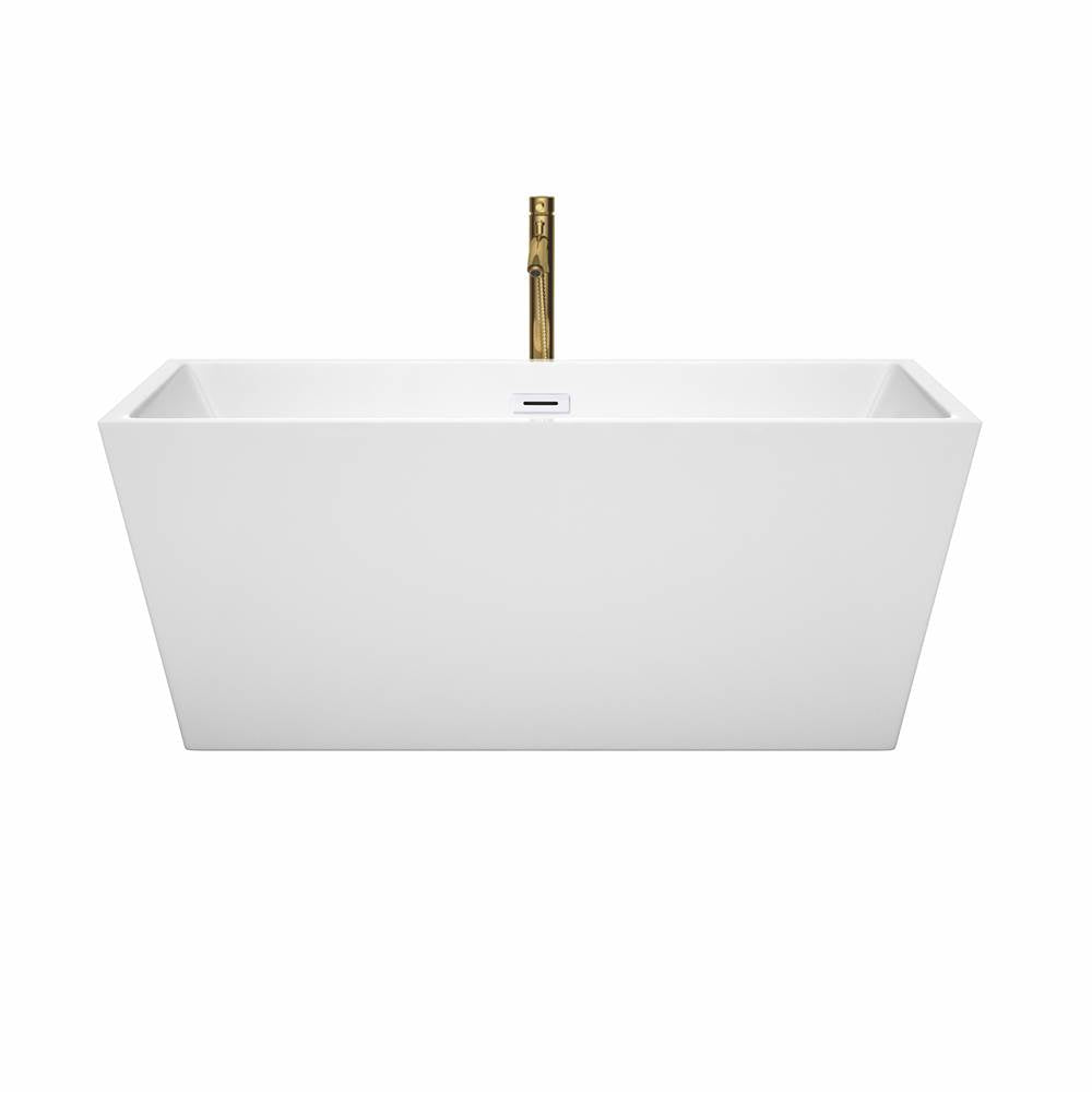 Sara 59 Inch Freestanding Bathtub in White with Shiny White Trim and Floor Mounted Faucet in Brushed Gold