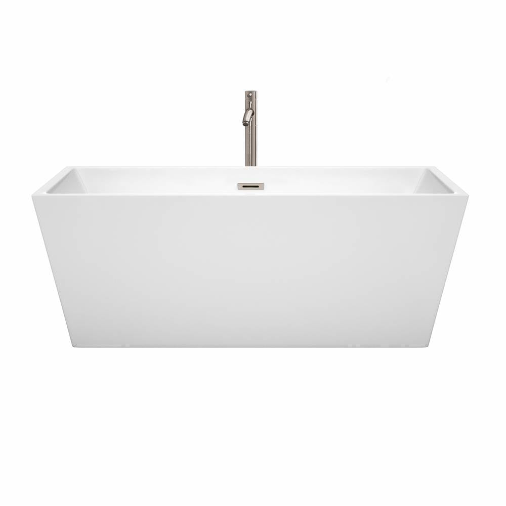 Sara 63 Inch Freestanding Bathtub in White with Floor Mounted Faucet, Drain and Overflow Trim in Brushed Nickel