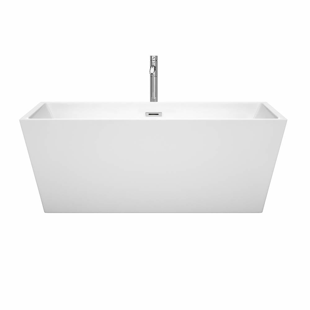 Sara 63 Inch Freestanding Bathtub in White with Floor Mounted Faucet, Drain and Overflow Trim in Brushed Nickel