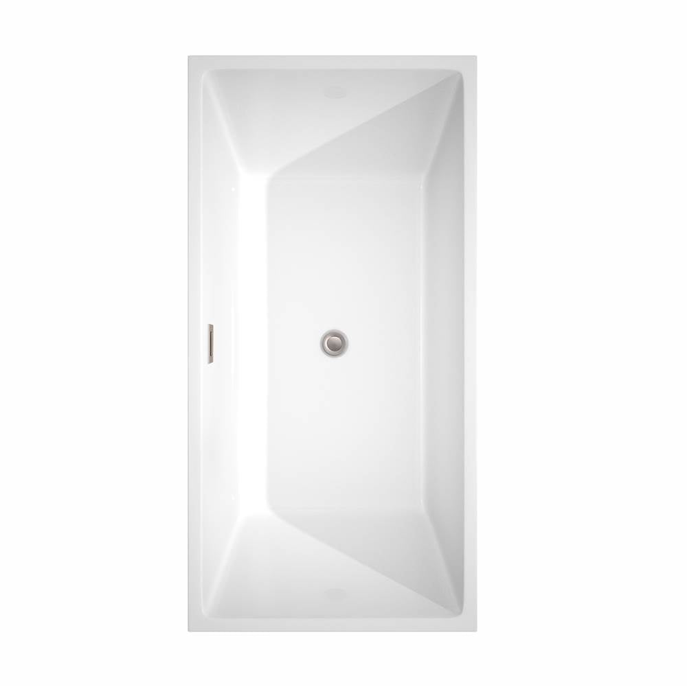 Sara 63 Inch Freestanding Bathtub in White with Floor Mounted Faucet, Drain and Overflow Trim in Brushed Nickel