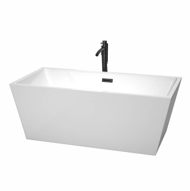 Wyndham Collection - Sara 63 Inch Freestanding Bathtub in White with Floor Mounted Faucet, Drain and Overflow Trim in Matte Black
