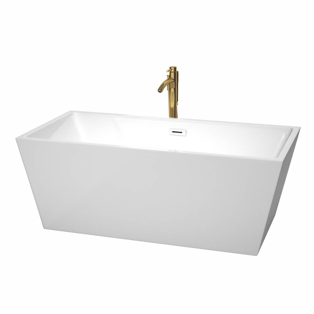 Wyndham Collection - Sara 63 Inch Freestanding Bathtub in White with Shiny White Trim and Floor Mounted Faucet in Brushed Gold