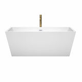 Sara 63 Inch Freestanding Bathtub in White with Shiny White Trim and Floor Mounted Faucet in Brushed Gold