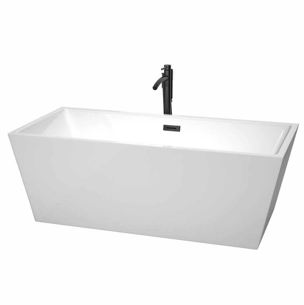 Wyndham Collection - Sara 67 Inch Freestanding Bathtub in White with Floor Mounted Faucet, Drain and Overflow Trim in Matte Black