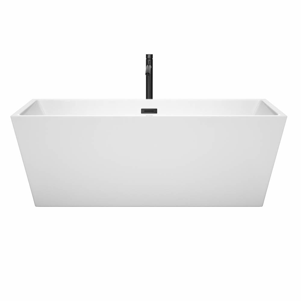 Sara 67 Inch Freestanding Bathtub in White with Floor Mounted Faucet, Drain and Overflow Trim in Matte Black