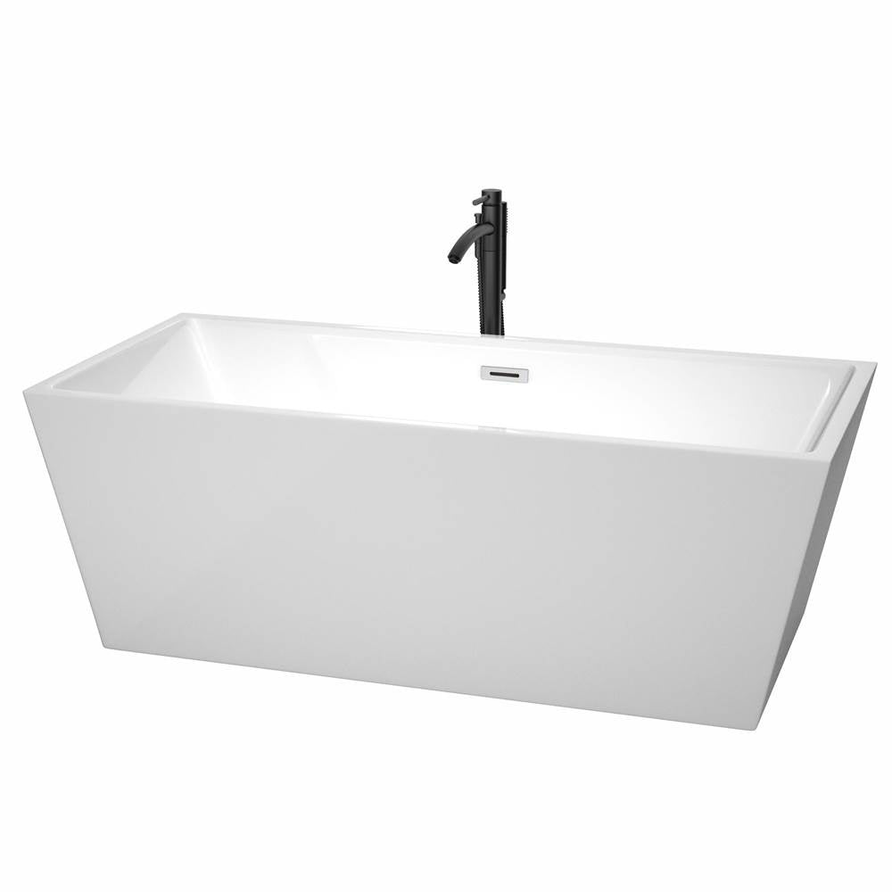 Wyndham Collection - Sara 67 Inch Freestanding Bathtub in White with Polished Chrome Trim and Floor Mounted Faucet in Matte Black