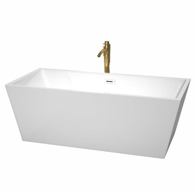 Wyndham Collection - Sara 67 Inch Freestanding Bathtub in White with Shiny White Trim and Floor Mounted Faucet in Brushed Gold
