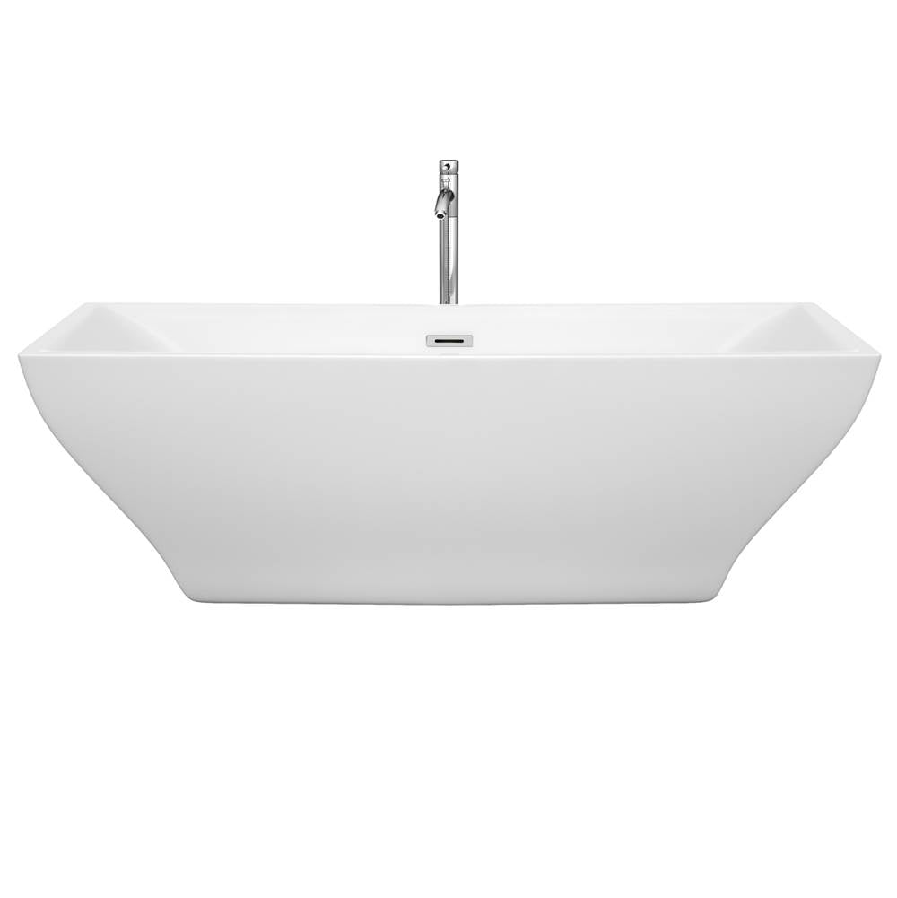 Maryam 71 Inch Freestanding Bathtub in White with Floor Mounted Faucet, Drain and Overflow Trim in Brushed Nickel