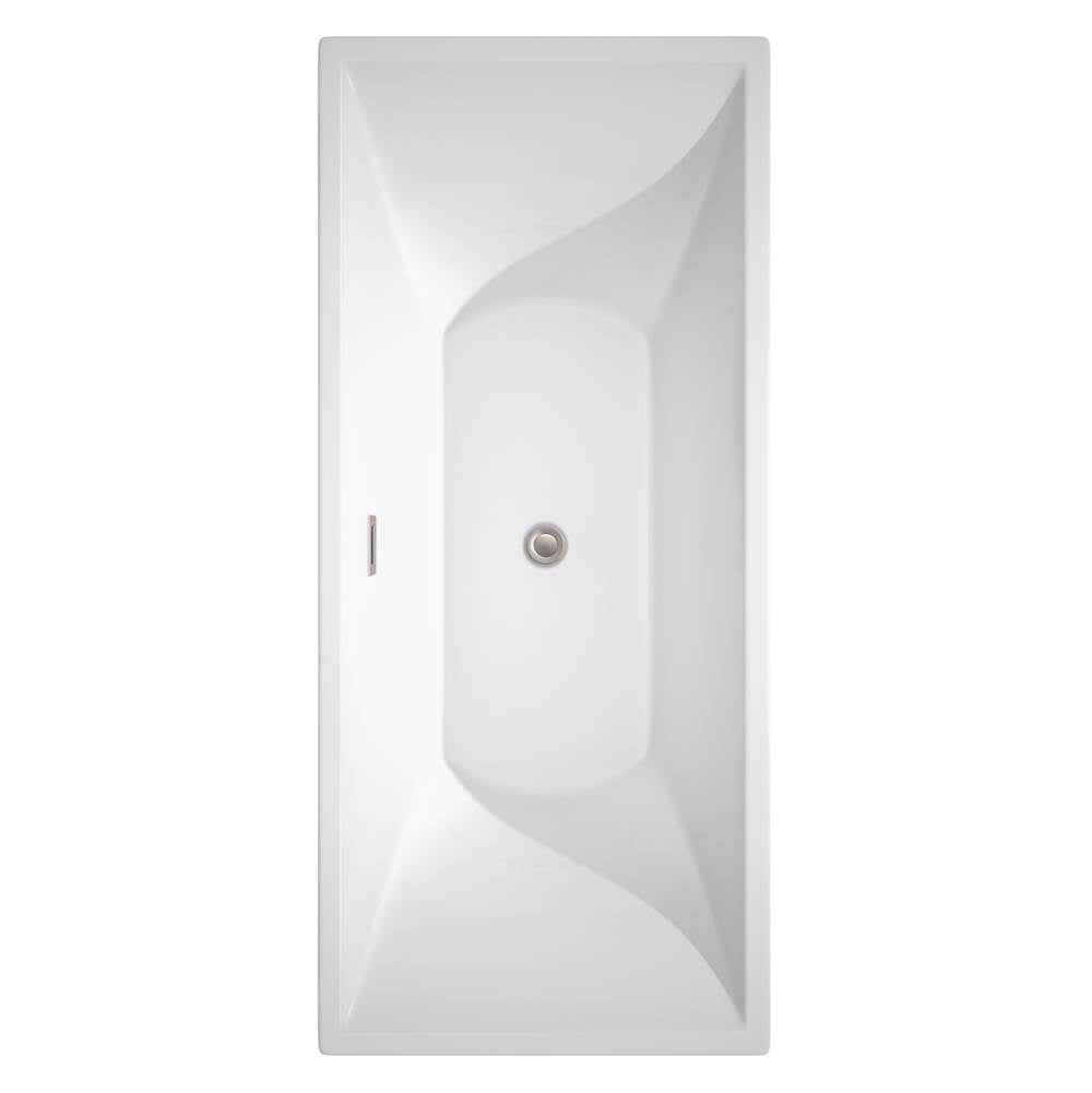 Maryam 71 Inch Freestanding Bathtub in White with Floor Mounted Faucet, Drain and Overflow Trim in Brushed Nickel