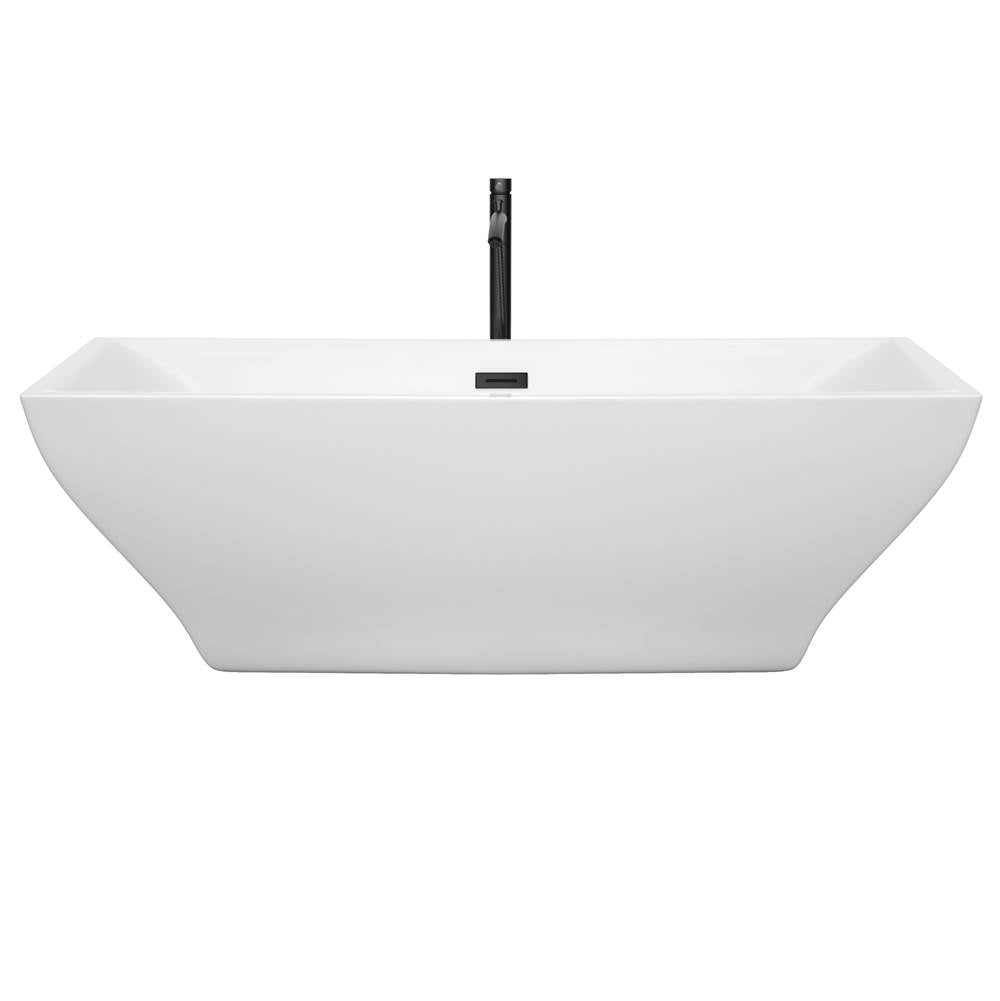 Maryam 71 Inch Freestanding Bathtub in White with Floor Mounted Faucet, Drain and Overflow Trim in Matte Black