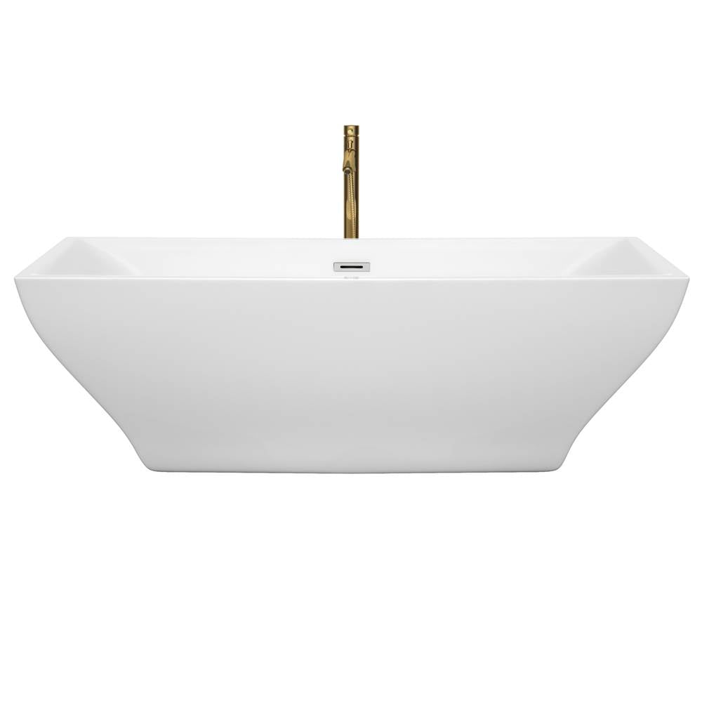 Maryam 71 Inch Freestanding Bathtub in White with Polished Chrome Trim and Floor Mounted Faucet in Brushed Gold