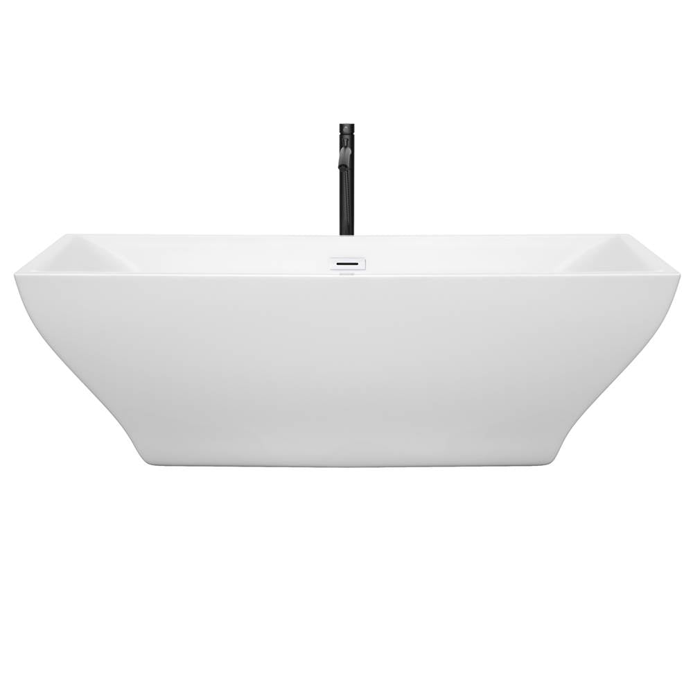 Maryam 71 Inch Freestanding Bathtub in White with Shiny White Trim and Floor Mounted Faucet in Matte Black