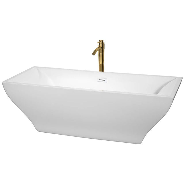 Wyndham Collection - Maryam 71 Inch Freestanding Bathtub in White with Shiny White Trim and Floor Mounted Faucet in Brushed Gold