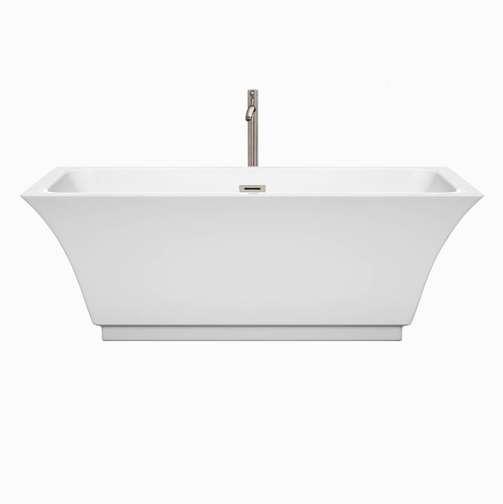 Galina 67 Inch Freestanding Bathtub in White with Floor Mounted Faucet, Drain and Overflow Trim in Brushed Nickel