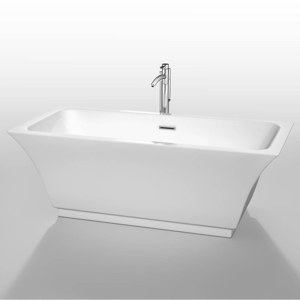 Wyndham Collection - Galina 67 Inch Freestanding Bathtub in White with Floor Mounted Faucet, Drain and Overflow Trim in Polished Chrome - White With Polished Chrome