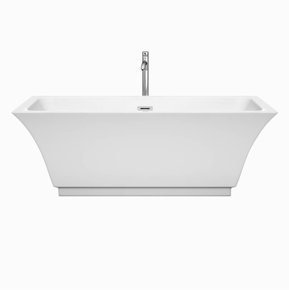 Galina 67 Inch Freestanding Bathtub in White with Floor Mounted Faucet, Drain and Overflow Trim in Brushed Nickel