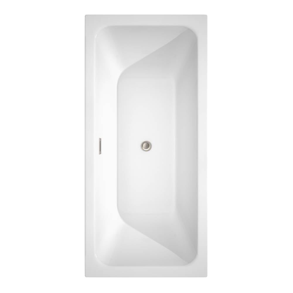 Galina 67 Inch Freestanding Bathtub in White with Floor Mounted Faucet, Drain and Overflow Trim in Brushed Nickel