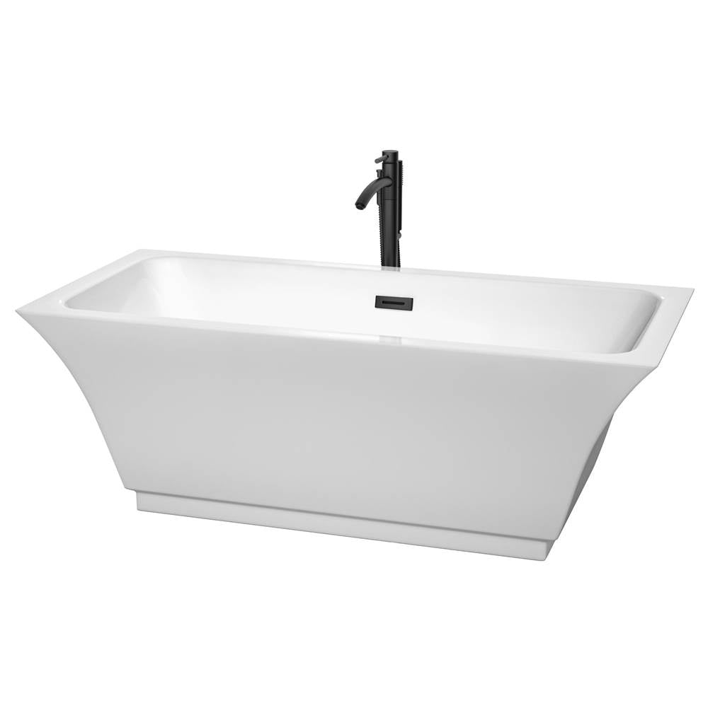 Wyndham Collection - Galina 67 Inch Freestanding Bathtub in White with Floor Mounted Faucet, Drain and Overflow Trim in Matte Black
