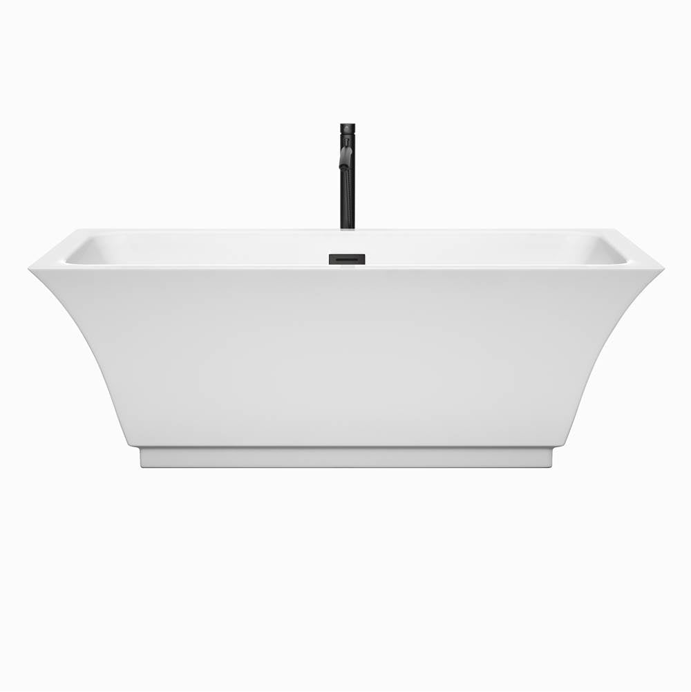 Galina 67 Inch Freestanding Bathtub in White with Floor Mounted Faucet, Drain and Overflow Trim in Matte Black