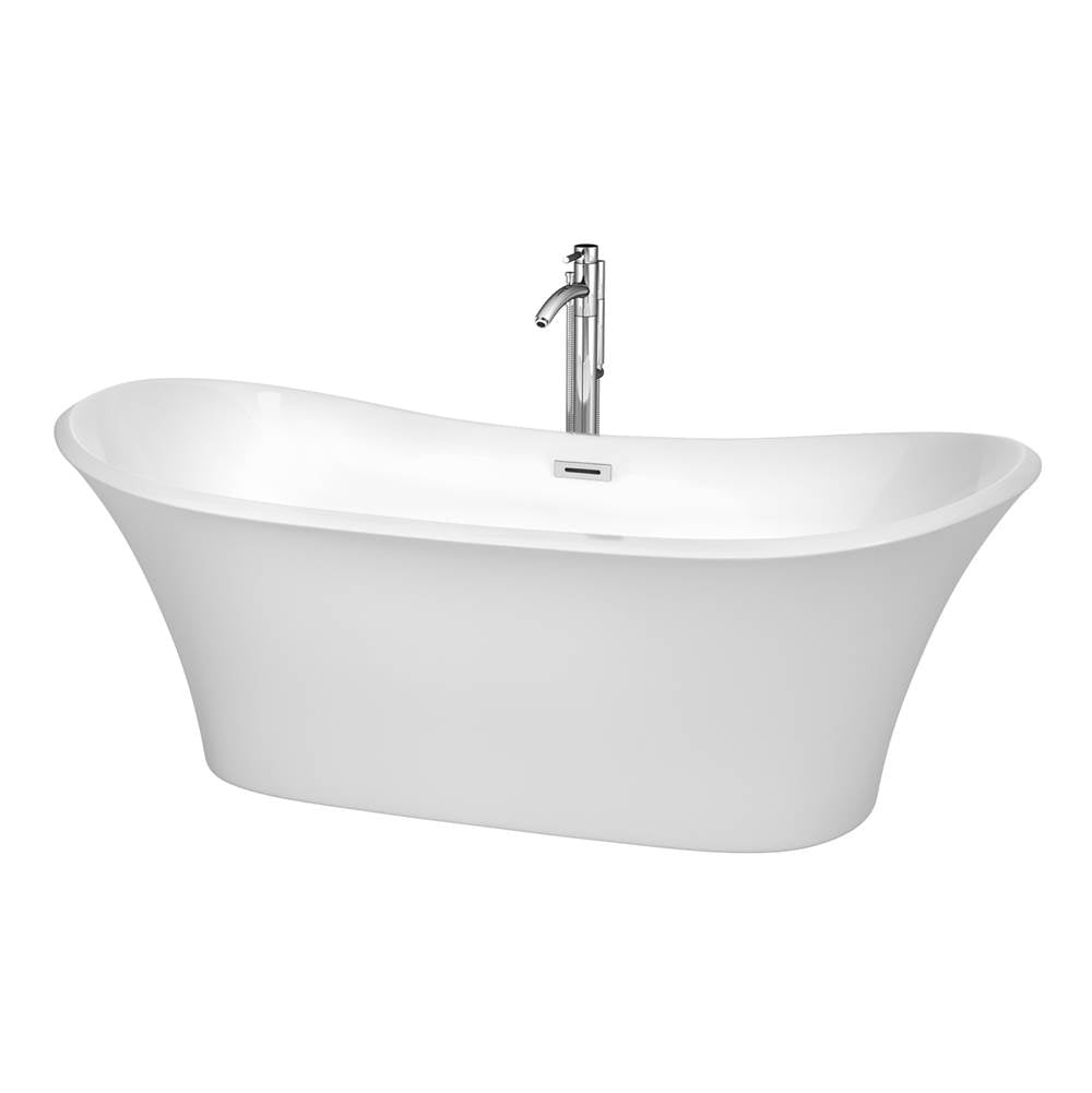 Wyndham Collection - Bolera 71 Inch Freestanding Bathtub in White with Floor Mounted Faucet, Drain and Overflow Trim in Polished Chrome - White With Polished Chrome