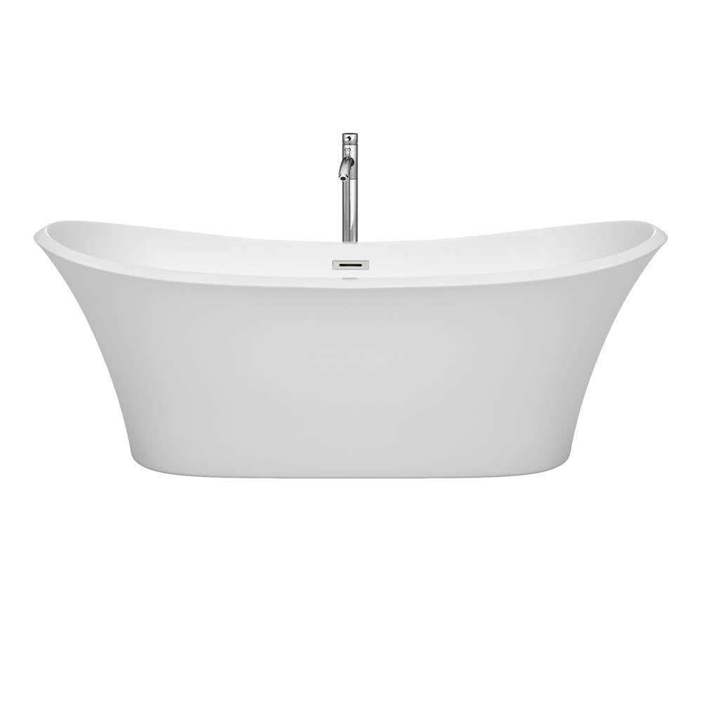 Bolera 71 Inch Freestanding Bathtub in White with Floor Mounted Faucet, Drain and Overflow Trim in Brushed Nickel