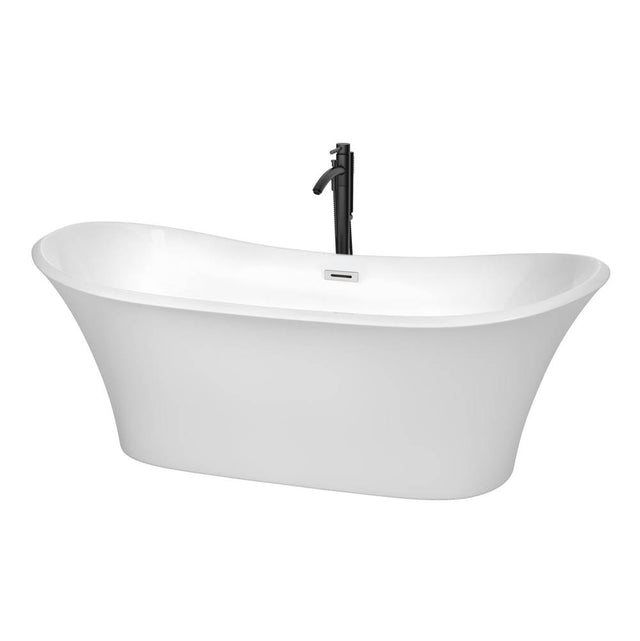 Wyndham Collection - Bolera 71 Inch Freestanding Bathtub in White with Polished Chrome Trim and Floor Mounted Faucet in Matte Black