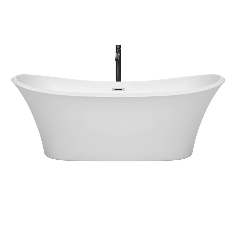 Bolera 71 Inch Freestanding Bathtub in White with Polished Chrome Trim and Floor Mounted Faucet in Matte Black