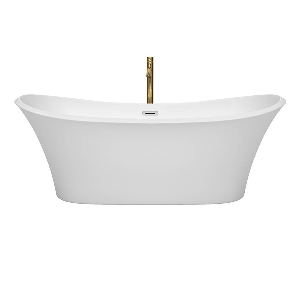 Bolera 71 Inch Freestanding Bathtub in White with Polished Chrome Trim and Floor Mounted Faucet in Brushed Gold