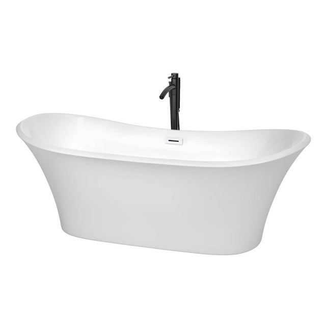 Wyndham Collection - Bolera 71 Inch Freestanding Bathtub in White with Shiny White Trim and Floor Mounted Faucet in Matte Black