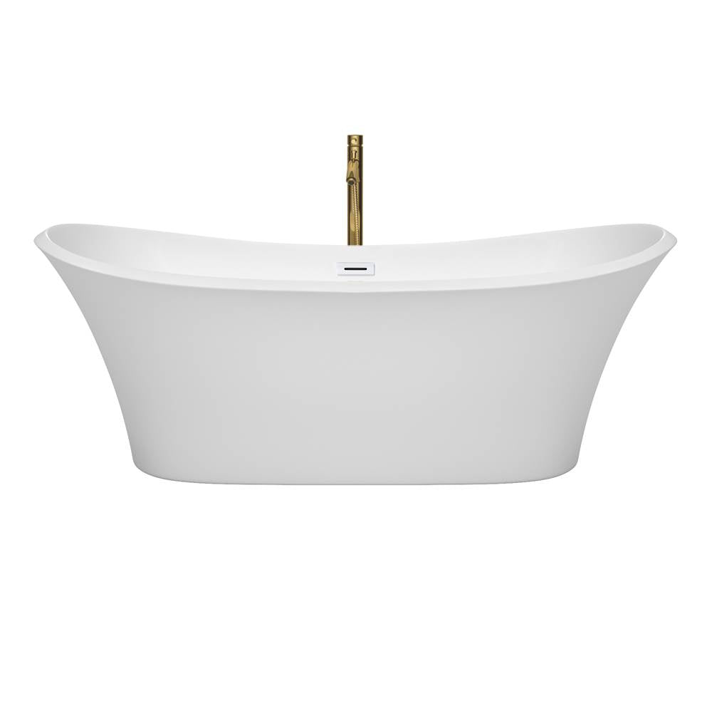 Bolera 71 Inch Freestanding Bathtub in White with Shiny White Trim and Floor Mounted Faucet in Brushed Gold