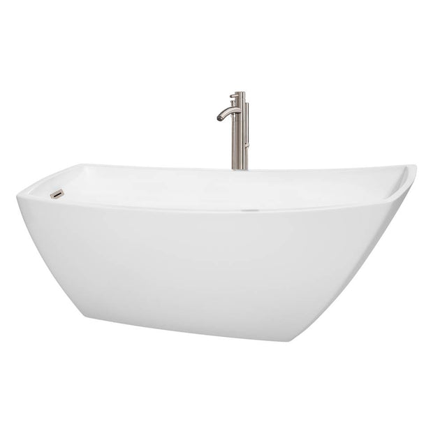 Wyndham Collection - Antigua 67 Inch Freestanding Bathtub in White with Floor Mounted Faucet, Drain and Overflow Trim in Brushed Nickel - White With Brushed Nickel