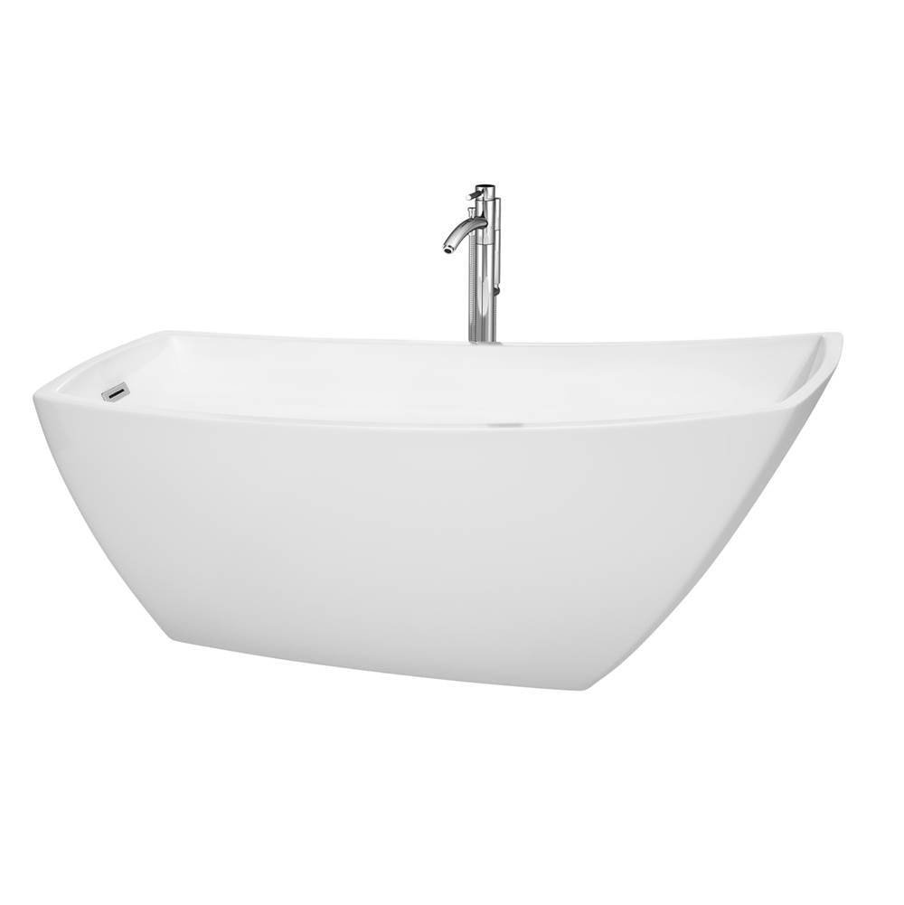 Wyndham Collection - Antigua 67 Inch Freestanding Bathtub in White with Floor Mounted Faucet, Drain and Overflow Trim in Polished Chrome - White With Polished Chrome